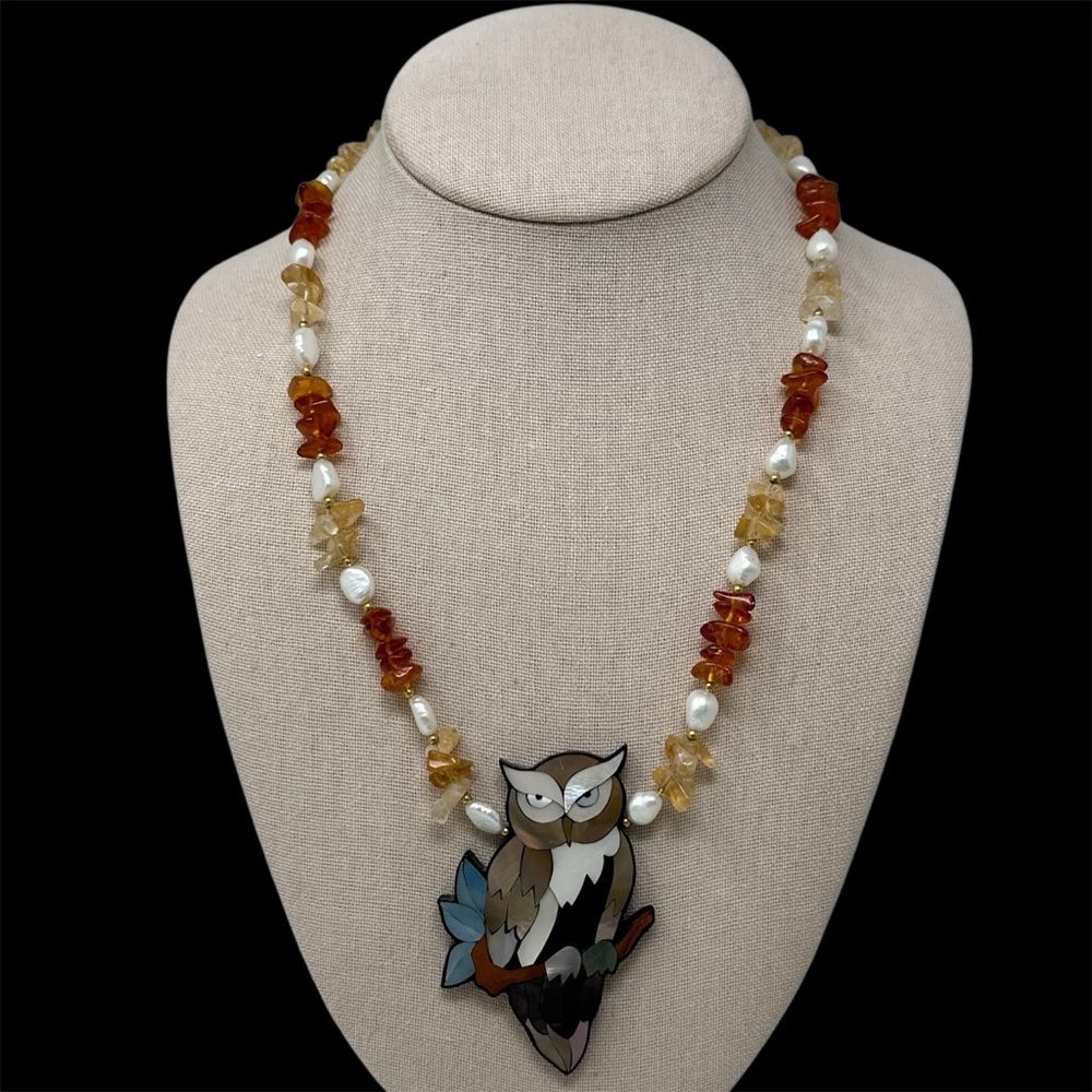 Lee Sands Vintage Mother Of Pearl Inlay Amber Pearl Necklace